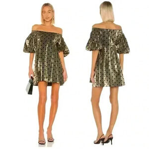 LPA Beatrix metallic gold off shoulder mini dress puff sleeve polka dot M